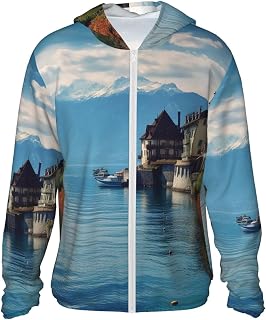 Men's UPF 50+ Sun Protection Hoodie Lake Geneva Switzerland Long Sleeve Sun Shirts Full Zip Light Fishing Jacket