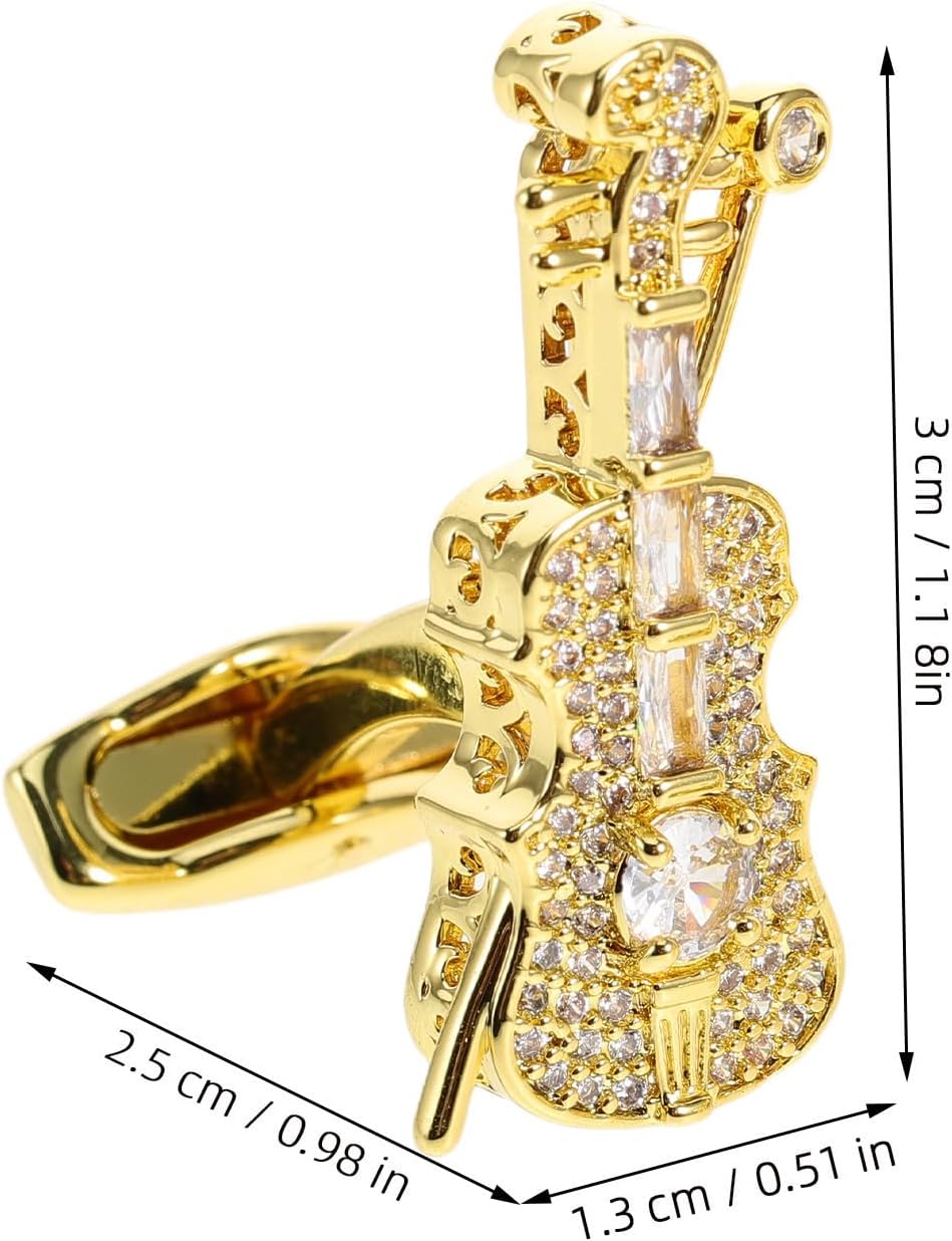 2pcs Rhinestone Violin Cufflinks for Men, Gold Alloy Music Theme image 2