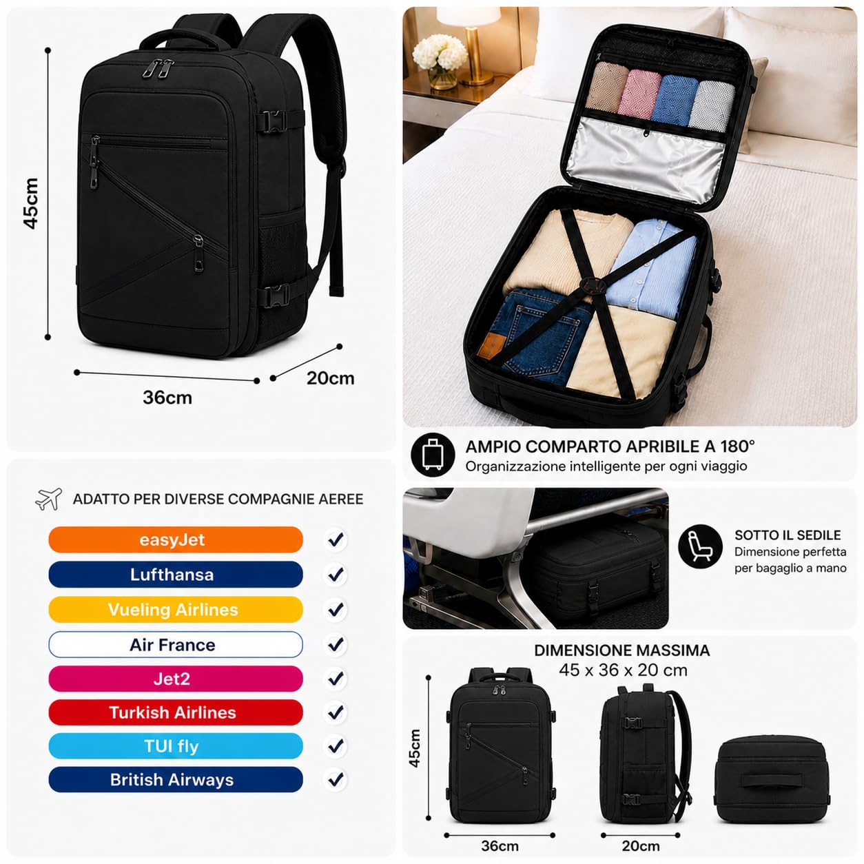ENERGY GROUP Zaino Viaggio 45x36x20 EasyJet e Ryanair, Bagaglio a Mano 30L, Zaino Cabina Uomo Donna, Apertura 180°, Impermeabile, Porta PC 14”, Casual per Viaggio e Lavoro, Compagnie Low Cost– Nero