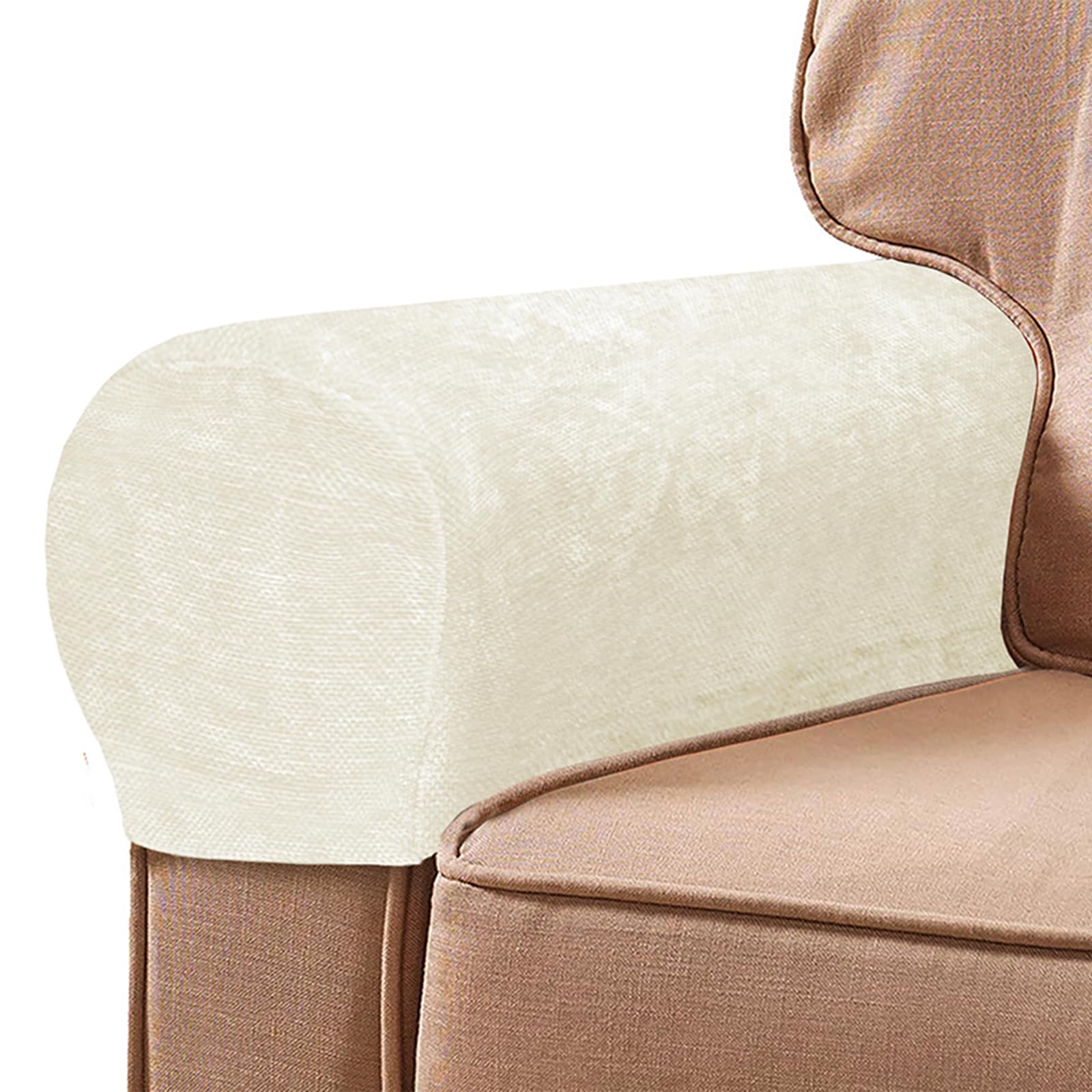 FUAAOLIY 2PCS Chenille Stretch Armrest Covers, Soft Arm Caps for Chairs Sofa Couch, Solid Color Non-Slip Arm Covers Furniture Protector Armchair Slipcovers for Recliner with Twist Pins (Milk White)