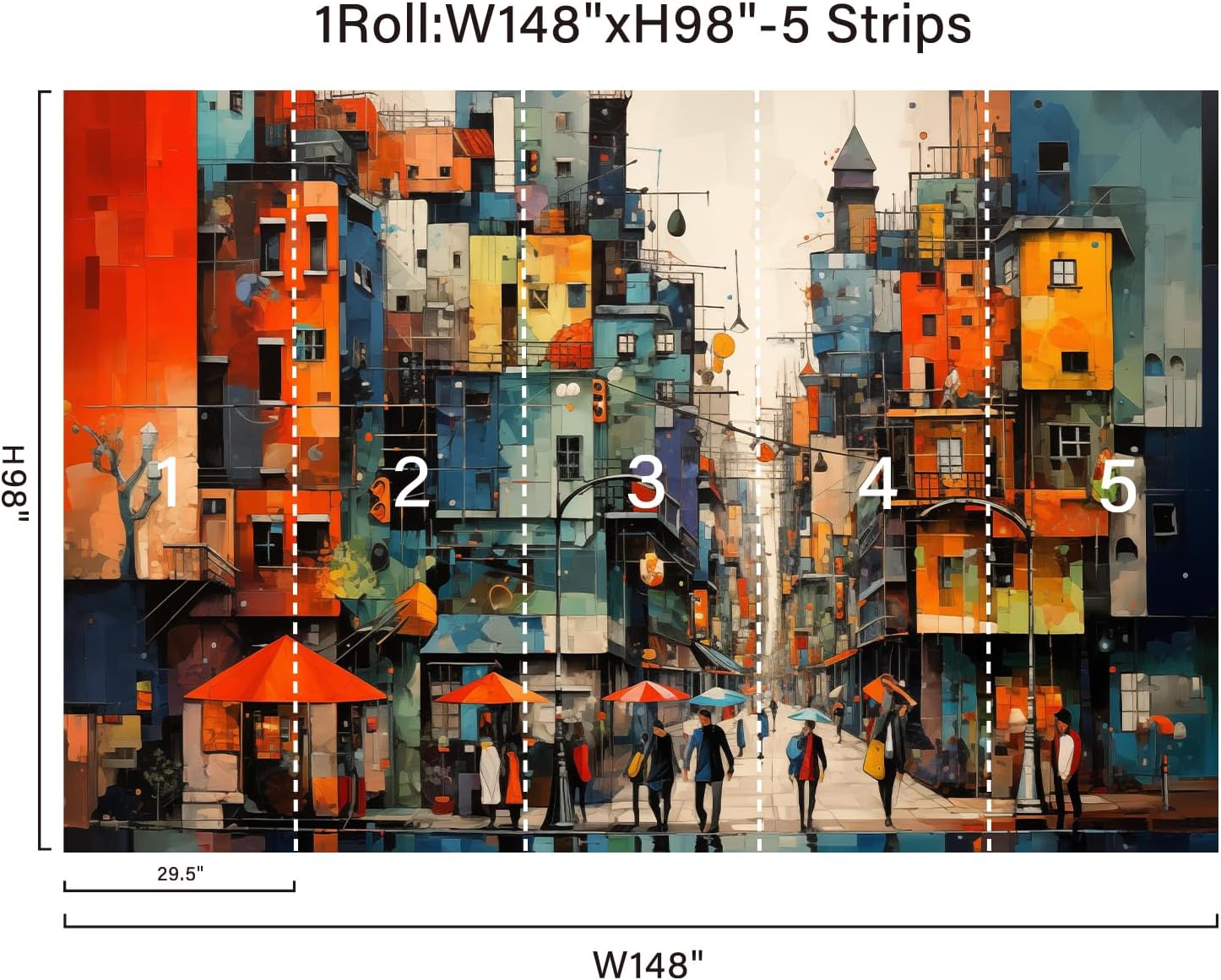 Zeeko Colorful Modern City Wall Murals 3D Peel and Stick 148" W x 98" H Hand Painted City Wallpaper Removable Graffiti Wall Paintings People Building Abstract Wall Decor for Bedroom Bathroom Office