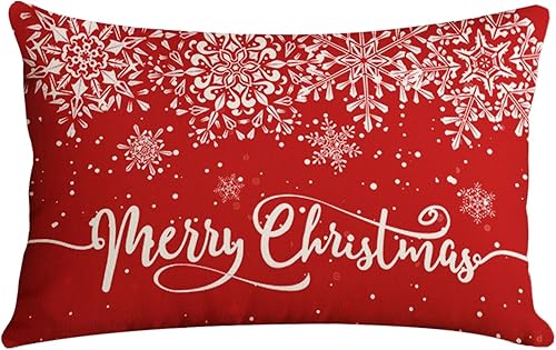 Fundas de almohada de Navidad de 12 x 20 pulgadas, copos de nieve, color rojo, de lino, fundas de almohada decorativas para el hogar, cojín de