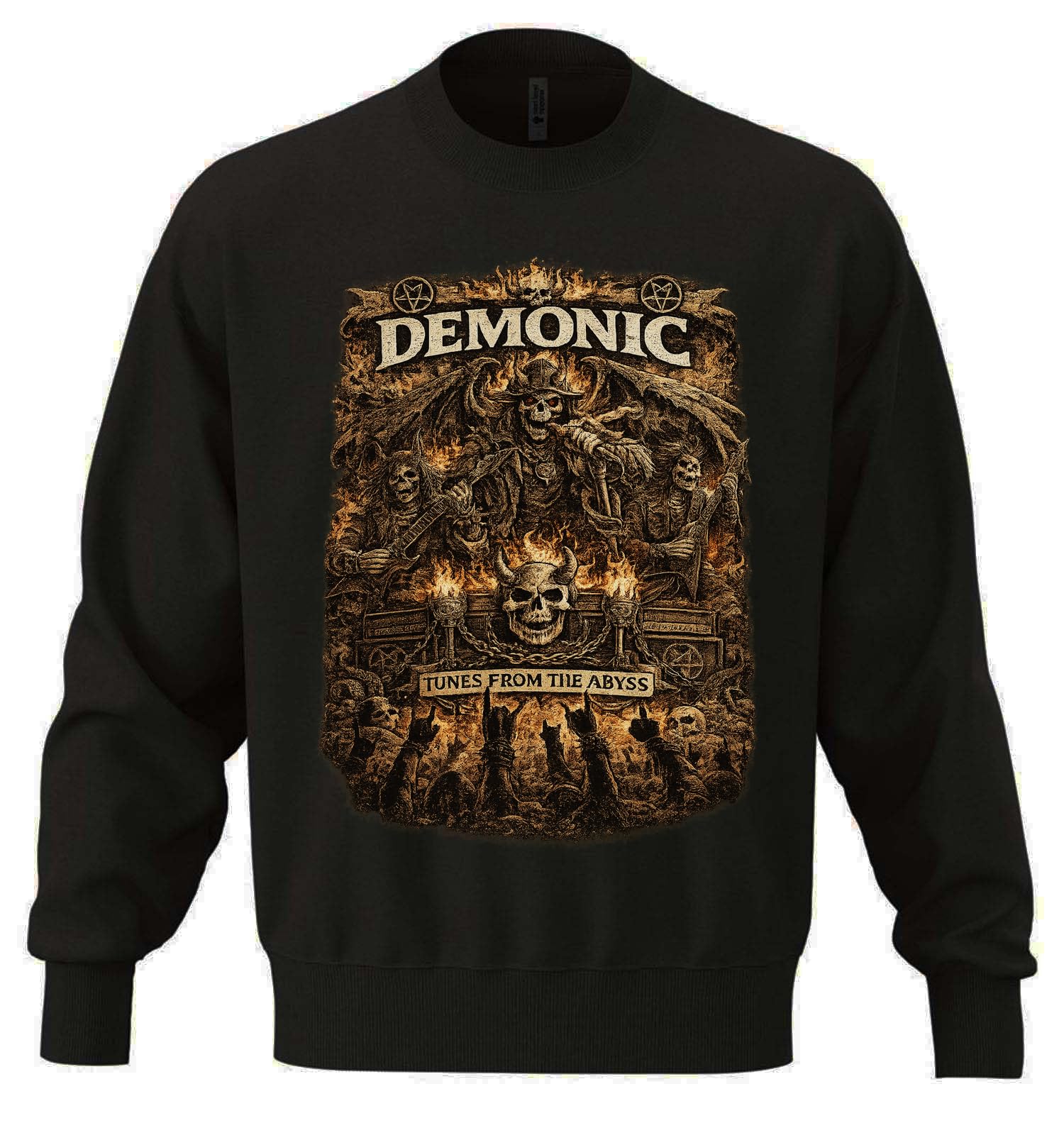 Dark Infernal Metal Concert Scene Sweat-shirt unisexe surdimensionné en coton mélangé épais Noir