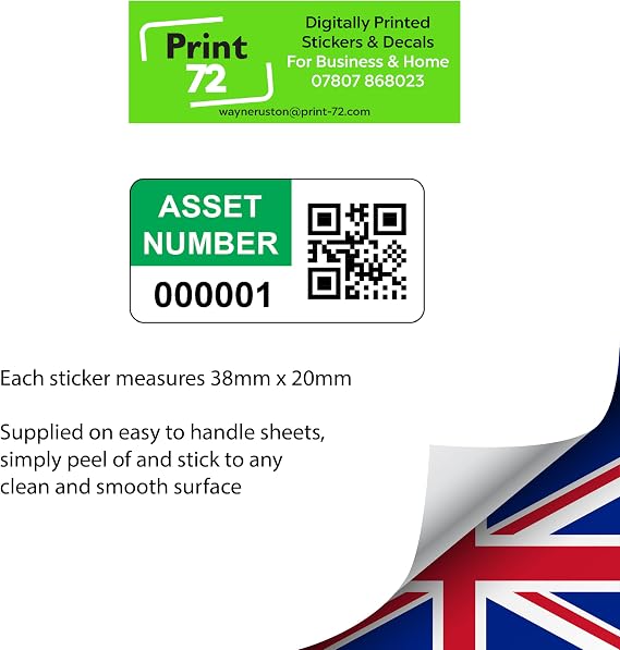 250 Personalised QR Code Asset Tag Labels Custom Sticker - with Optional Website Linked QR Code - Green 38mm x 20mm Permanent Vinyl Labels - Simple to Customize