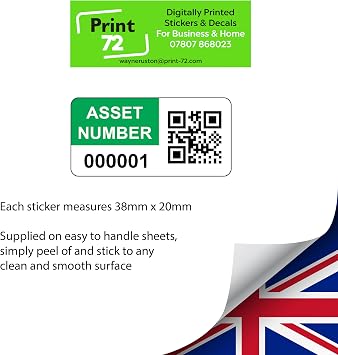 250 Personalised QR Code Asset Tag Labels Custom Sticker - with Optional Website Linked QR Code - Green 38mm x 20mm Permanent Vinyl Labels - Simple to Customize