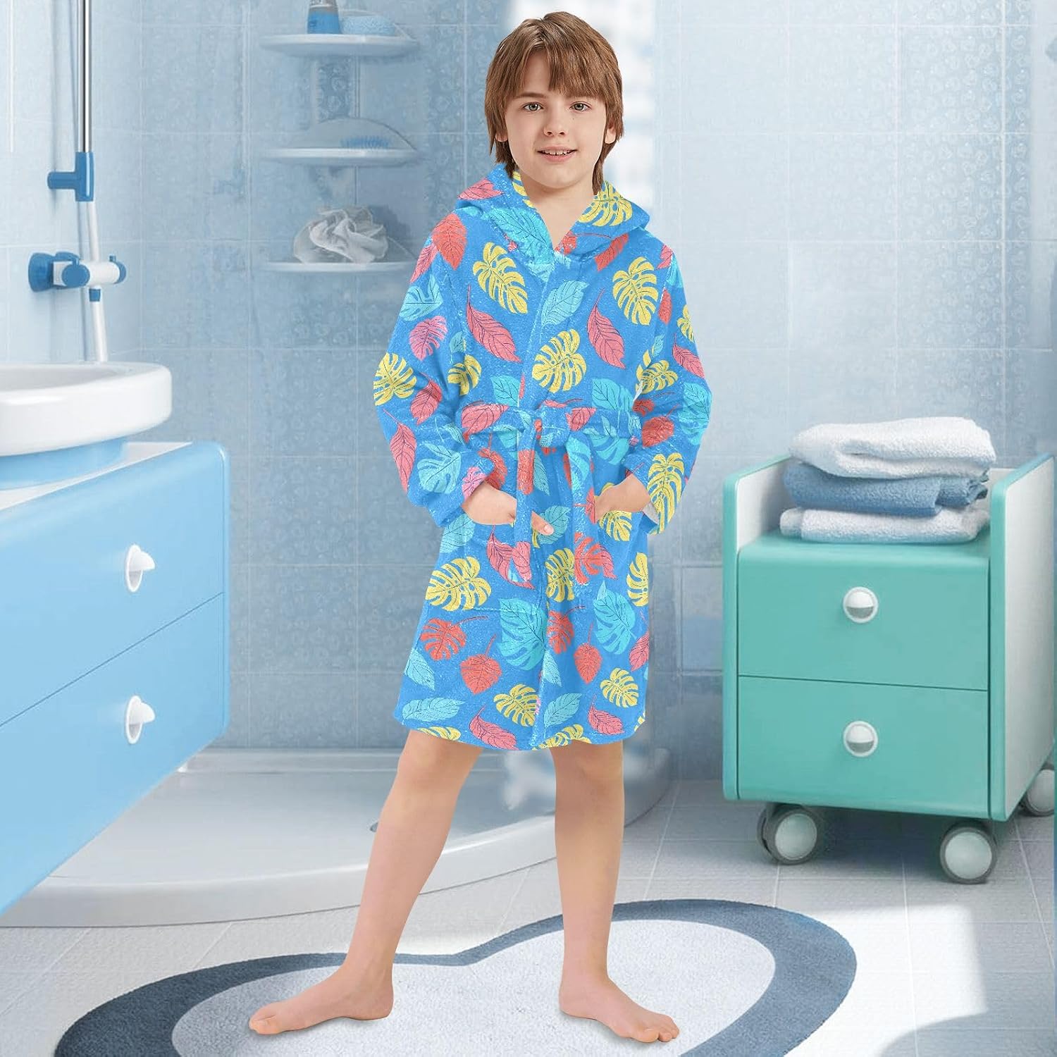 senya Leaf Cartoon Color Toddler Hooded Bathrobe Kids Soft Plush Bath Towel Robes for Boys Girls 2-12 Years