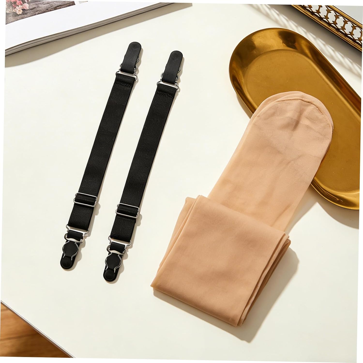 TOYANDONA 2 Pairs Adjustable Women Straps with Metal Clips, Elastic Chinlon Suspender Leg Belts for Secure Socks Support, Classic Black Style for Formal or Movement Use