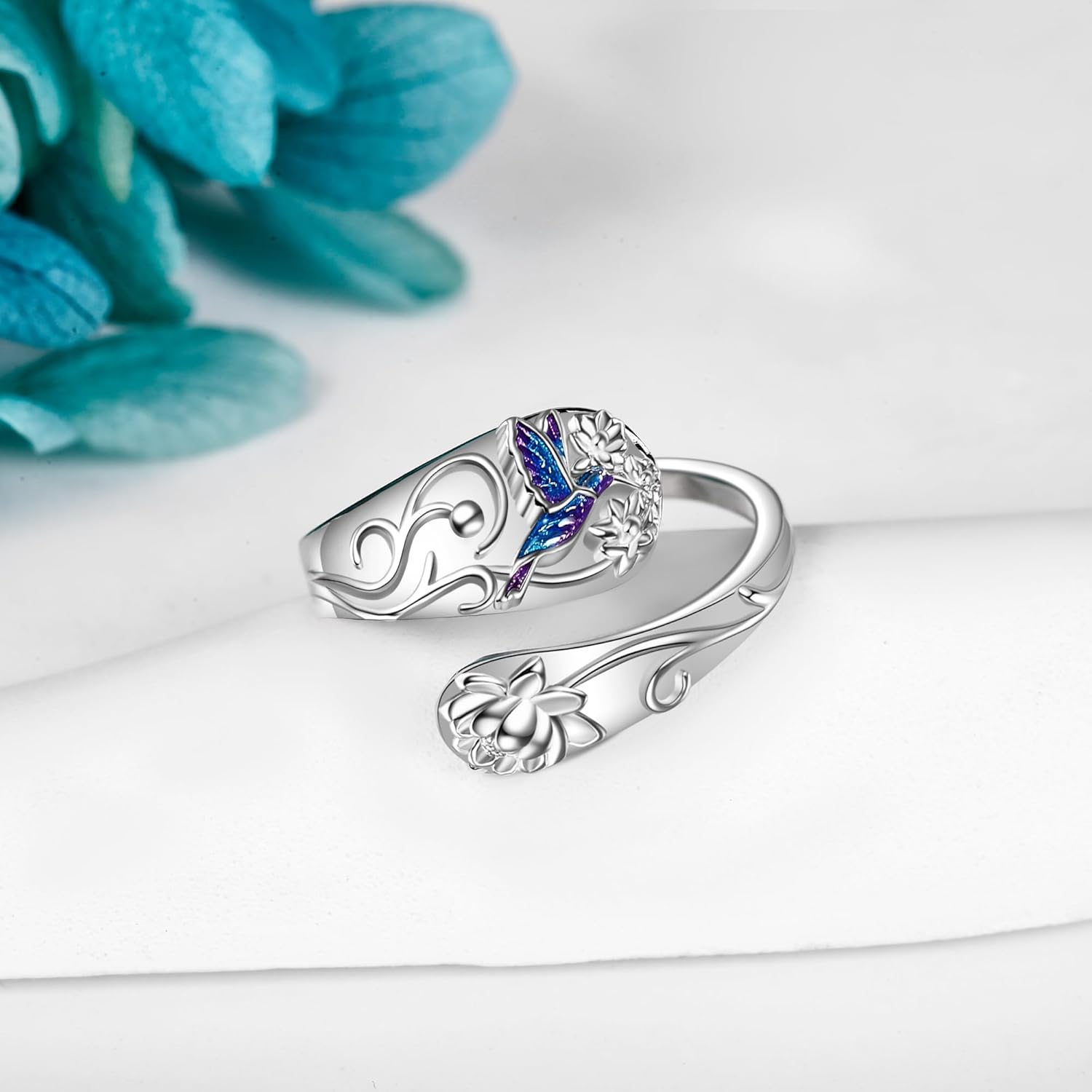 Spoon Rings 925 Sterling Silver Adjustable Hummingbird/Shark/Daisy/Tree Of Life/Dragonfly/Witches Knot/Sea Turtle Ring Thumb Rings Birthday Jewelry Gifts for Women Mother - Image 2