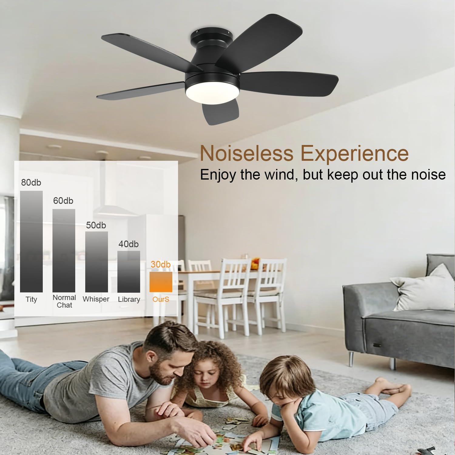 Ceiling Fans with Lights, 42 Inch Low Profile Ceiling Fan with Light and Remote Control, Flush Mount, Reversible, 3CCT, Dimmable, Noiseless, Black Ceiling Fan for Bedroom