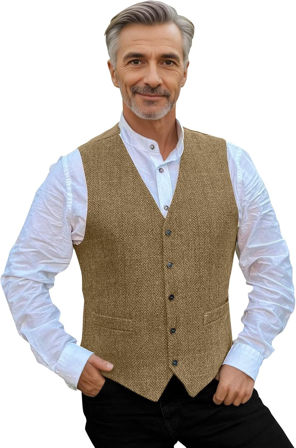 Men's Herringbone Tweed Suit Vest Wedding Retro Mens Tweed Vest V Neck Casual Wool Blend Waistcoat