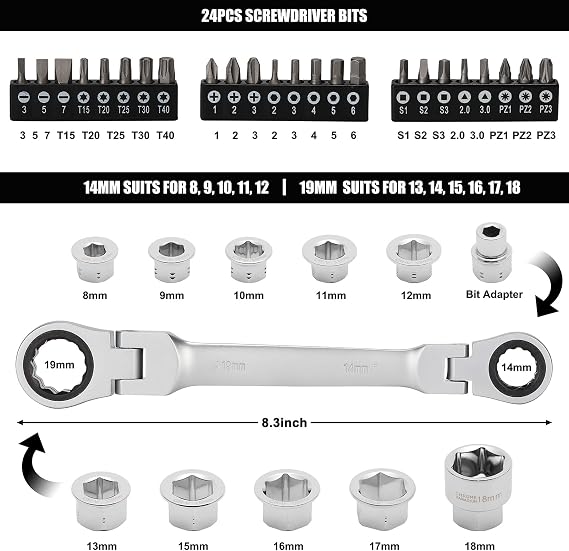Mayouko 36PCS Flex Head Ratcheting Wrench Set, 72 Tooth Double Box End Wrench 8mm -19mm