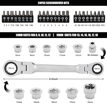 Mayouko 36PCS Flex Head Ratcheting Wrench Set, 72 Tooth Double Box End Wrench 8mm -19mm