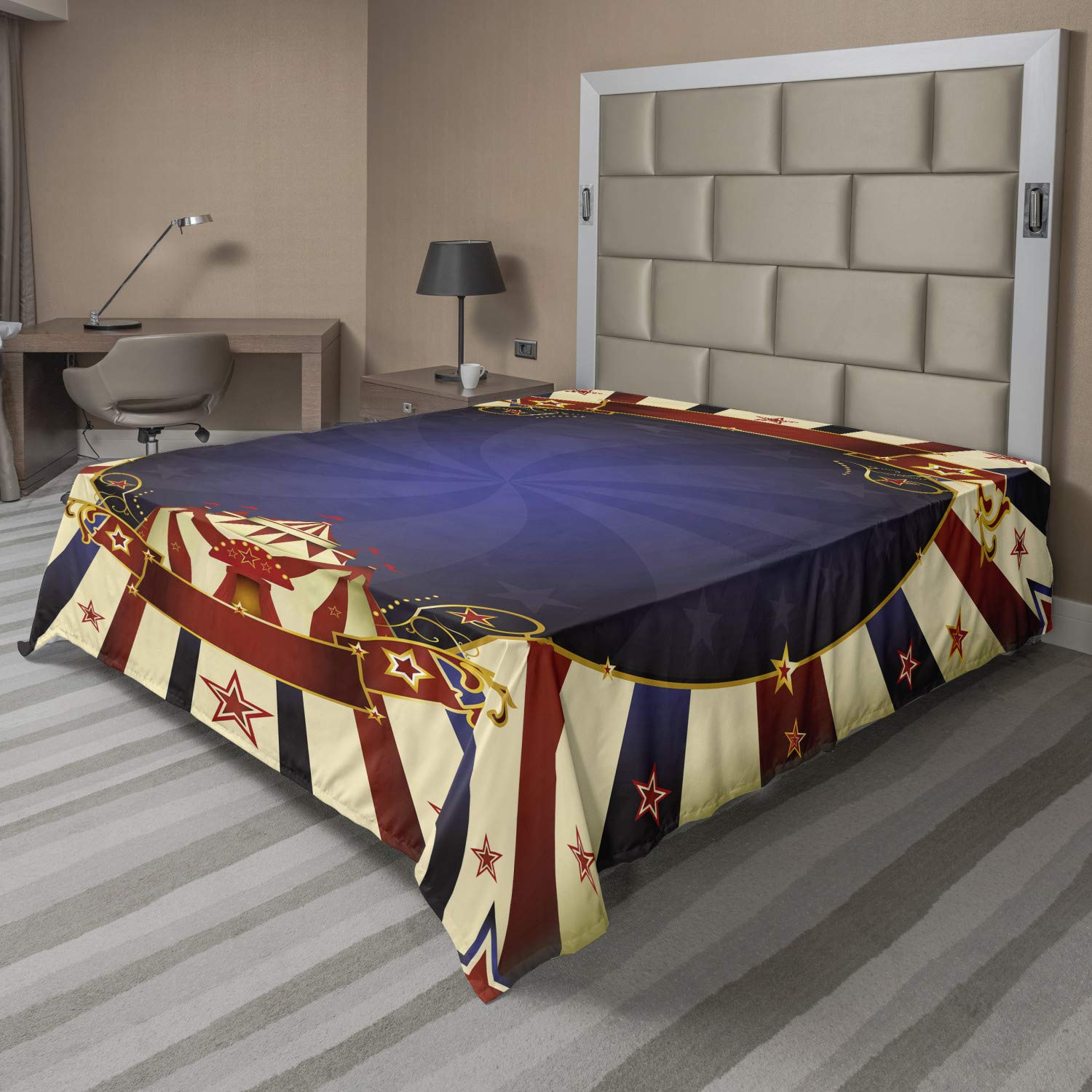 Ambesonne Vintage Flat Sheet, Circus Theme Retro Carnival Tent Ribbon Poster Like Image, Soft Comfortable Top Sheet Decorative Bedding 1 Piece, Queen Size, Pale Yellow Navy Blue