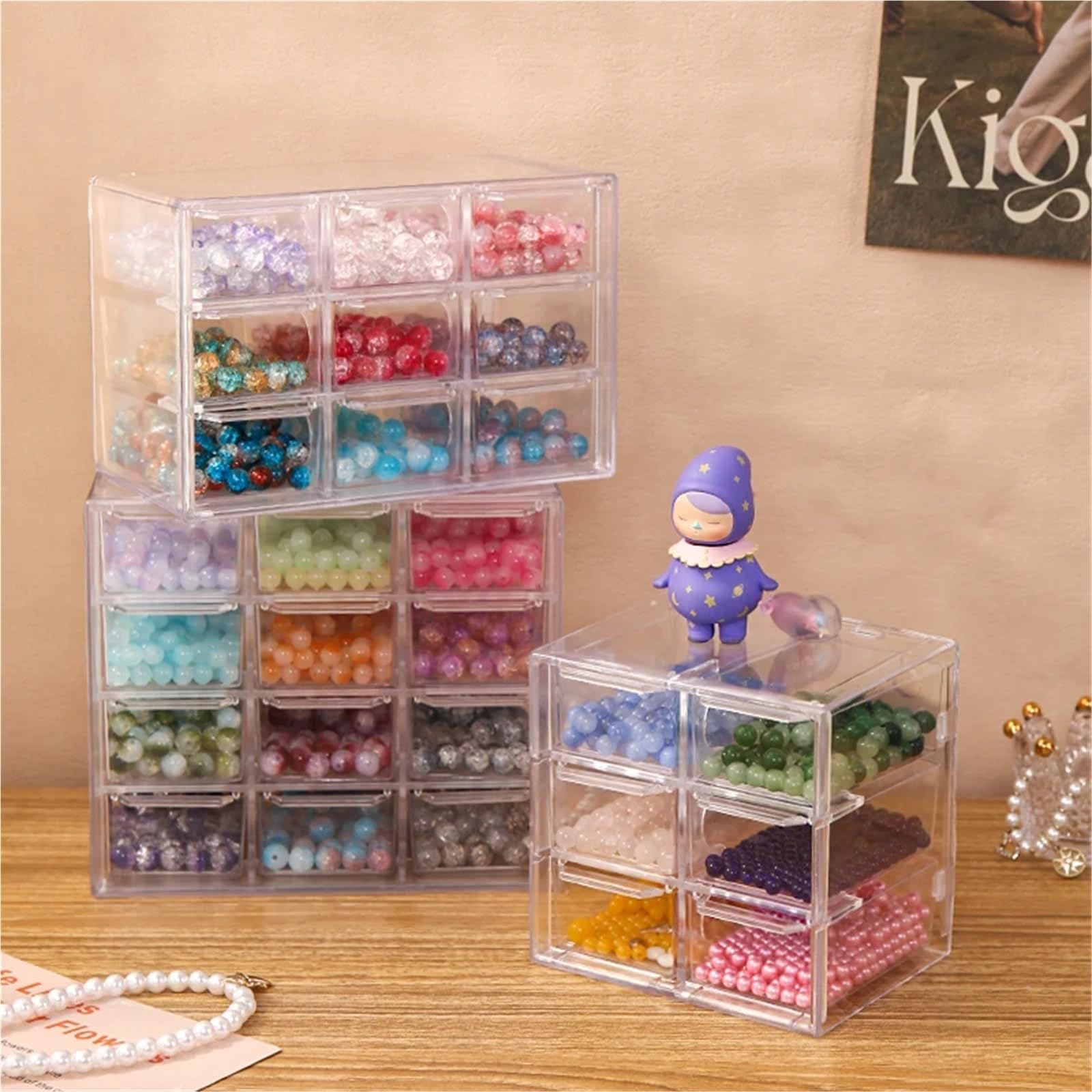 Organisateur de tiroir Boîte de rangement perles empilable, style tiroir multifonctionnel à grille 6/9/12, boîte d'exposition bijoux bureau en acrylique transparent 1 pièce(12gird-transparent)