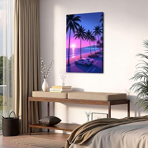 Miniatura 4 de Canvas Wall Art Prints Picture Retro Futuristic Sunset Palm Trees Sports Cars by Beach Framed Large Artwork Wall Painting Poster 24"x36" Home Decor