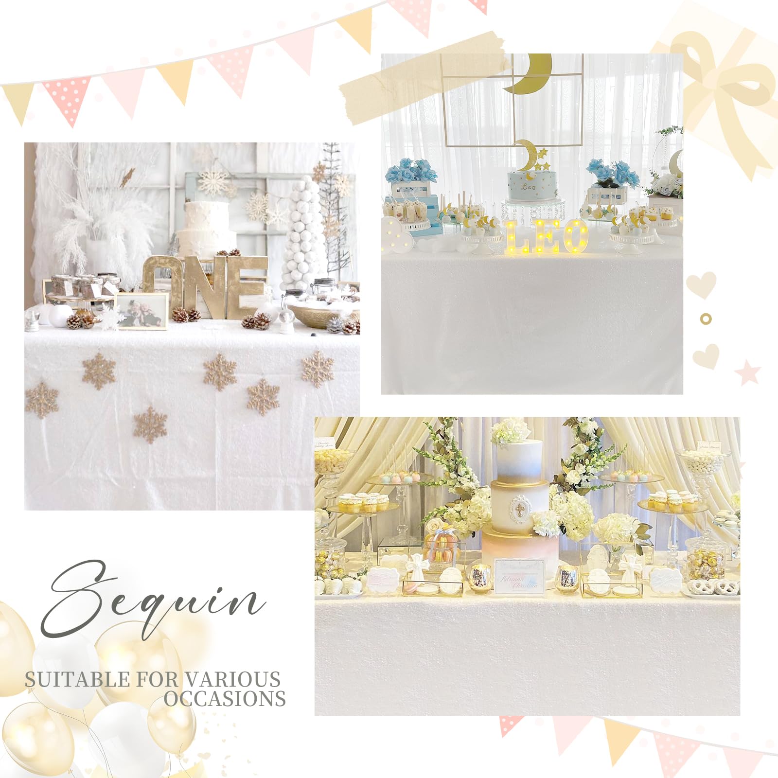 SoarDream Weiße Hochzeitstischdecke, 228 x 332 cm, Pailletten-Tischdecke, Glitzer-Tischwäsche für Party, Bankett, Zuhause, Kuchen, Desserts, Tischdekoration