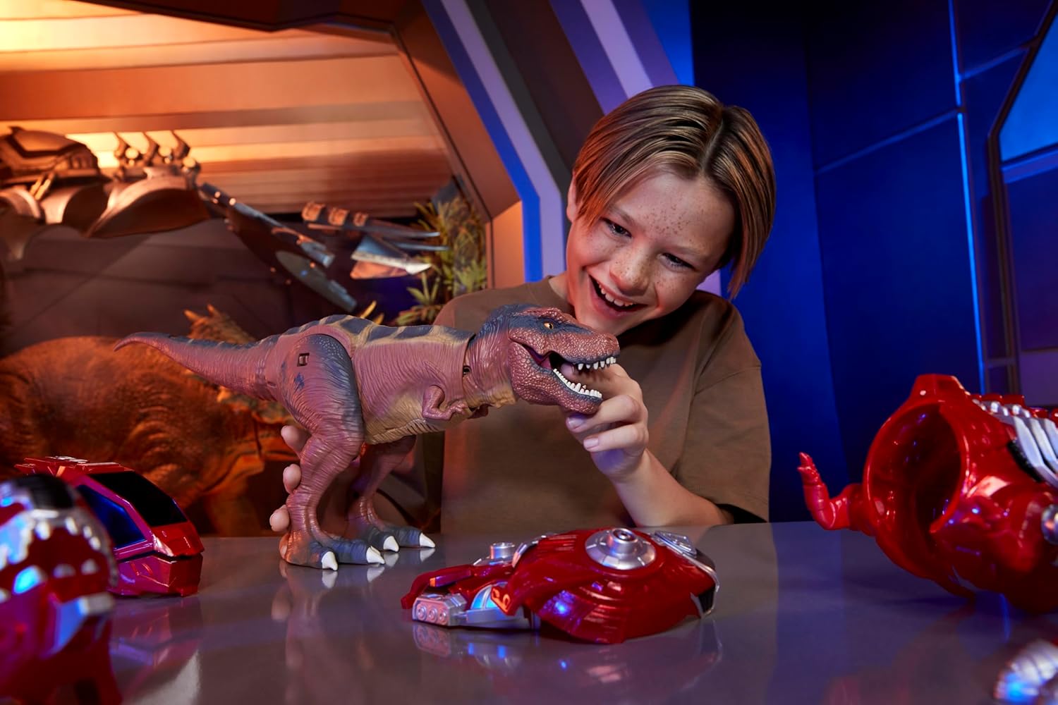 Armor-Up T-Rex Dinosaur Ajax Toy Figure with 7 Removable Armor Pieces, Tail-Triggered Chomp, Pilot Pod Compatible, 8.7" Hx17.9 L, Kids, Boys, Girls, Ages 6+