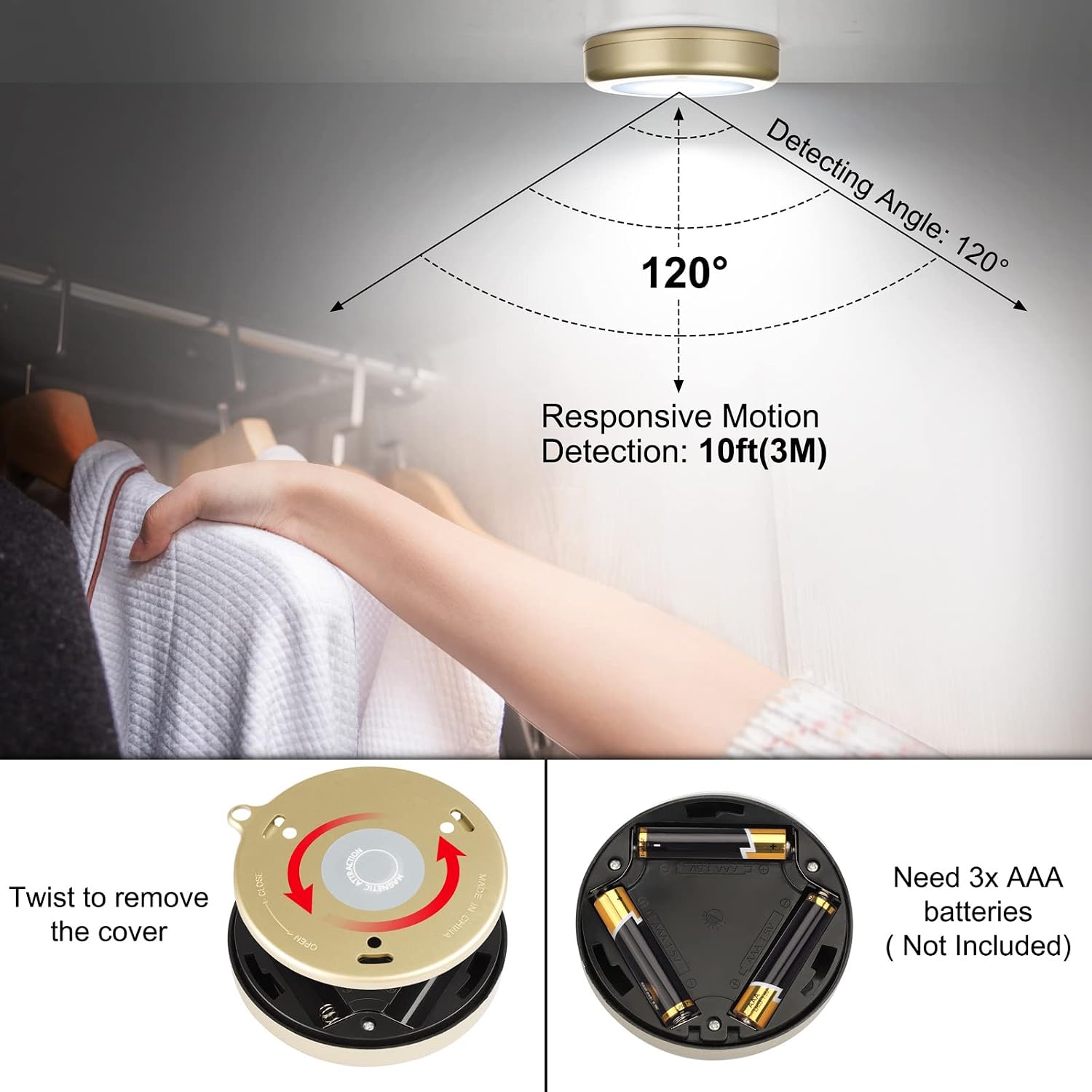 Mlambert 4 Pack Motion Sensor LED Night Light, Non-Fall Cordless Battery-Powered Wall Light, Stick-on Magnet Closet Lights, Safe Lights for Stairs, Hallway, Kitchen, Cabinet, Gold