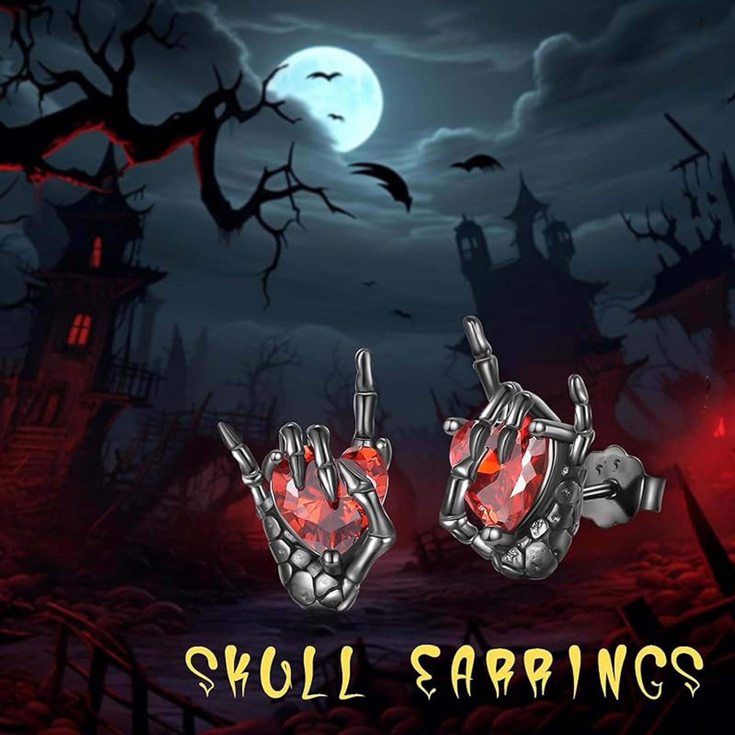 Skull Earrings for Women Black Heart Red Stud Cute Unique Goth Gothic Jewelry Gift - Image 4