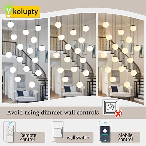 Miniatura 341 de Escalera LED de 10 luces LED moderna con globo de cristal, lámpara colgante grande para techos altos, accesorios de iluminación de entrada, villas y