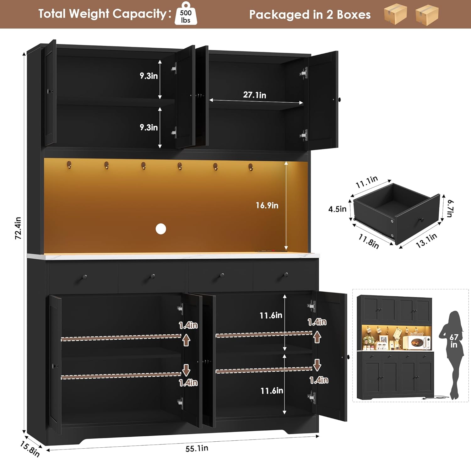 HIFIT 72" LED Kitchen Pantry Cabinet with Power Outlet & Cup Hook, Tall Kitchen Hutch Storage Cabinets w/Marble-Patterned Countertop Microwave Stand, Food Pantry w/Door for Dining Living Room, Black