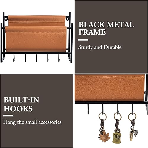 Miniatura 2 de MyGift Revistero industrial de metal negro mate con 5 ganchos para llaves con eslinga de piel sintética marrón caramelo, soporte para correo de