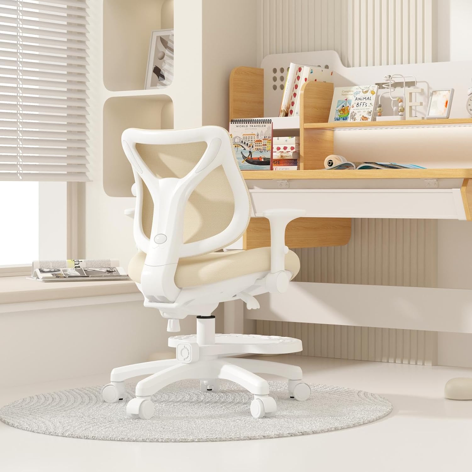 Desk Chair, Ergonomic Study Chair for Kids with Lumbar Support and Footrest, Adjustable Height, Flip-Up Armrests, Mesh Student Chair with Adjustable backrest, Model Deer (Pink)