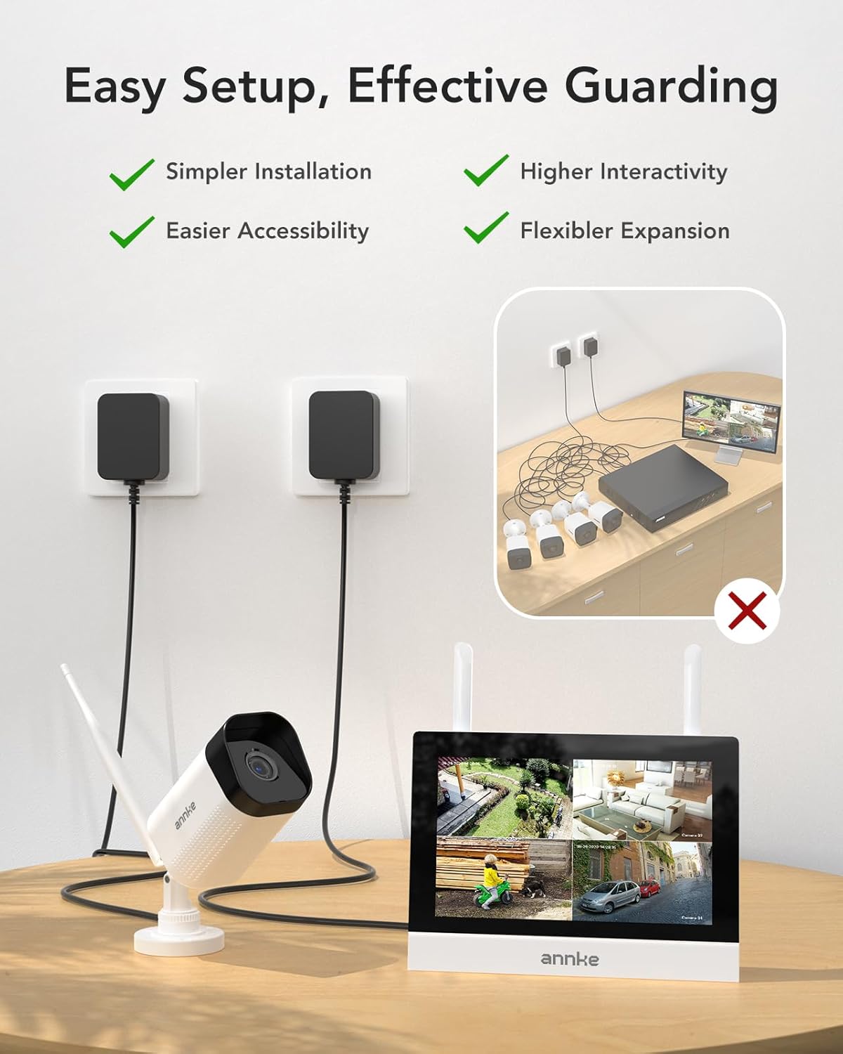 ANNKE 3MP Wireless Security Camera CCTV System with 7" LCD Monitor, 4CH WiFi Surveillance IPS Touch Screen with 2Pcs 3MP Outdoor IP Cameras, 100ft Night Vision, Two-Way Audio, IP66, Motion Detection