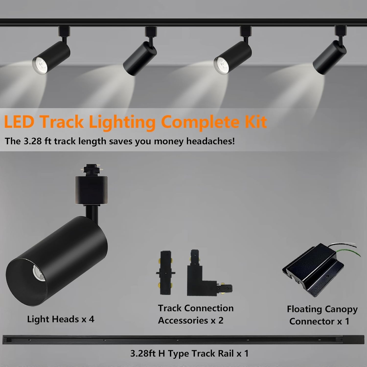 Black GU10 LED Track Lighting Kit, No Bulbs 10W Track Light Heads with 3.28FT H Track Light Rail 4PCS Ceiling Spotlight Fixture for GU10 Bulb, Bulbs Excluded