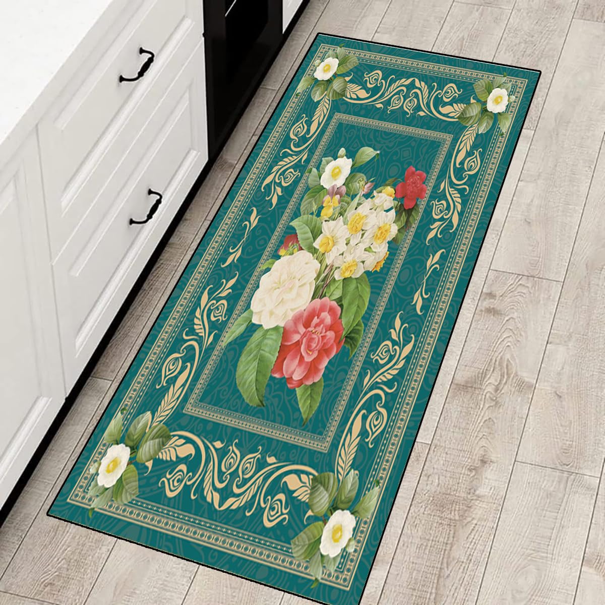 Teppich Läufer Flur Teppichläufer Küchenläufer Küche Teppiche rutschfest Waschbar Bettvorleger für Flur Waschküche, 100x450cm Weiße rote Blumen
