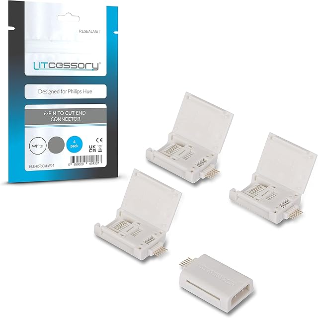 Litcessory 6-Pin to Cut-End Connector for Philips Hue Lightstrip Plus (4 Pack, White - Micro 6-PIN V4)