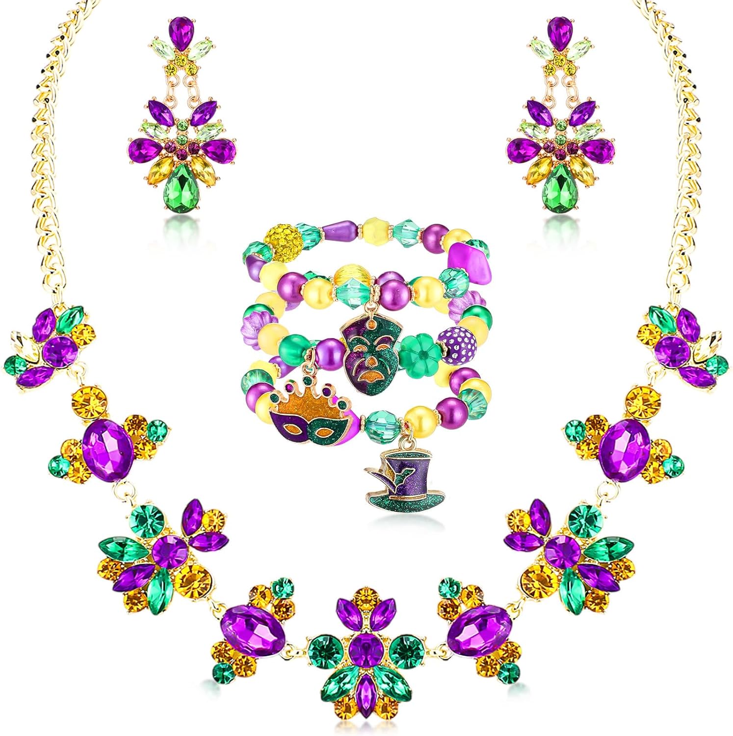 Shyyween 5 Pcs Mardi Gras Necklace Bracelet Earrings Jewelry Set Mardi Gras Gift Women Rhinestone Beads Purple Green Gold