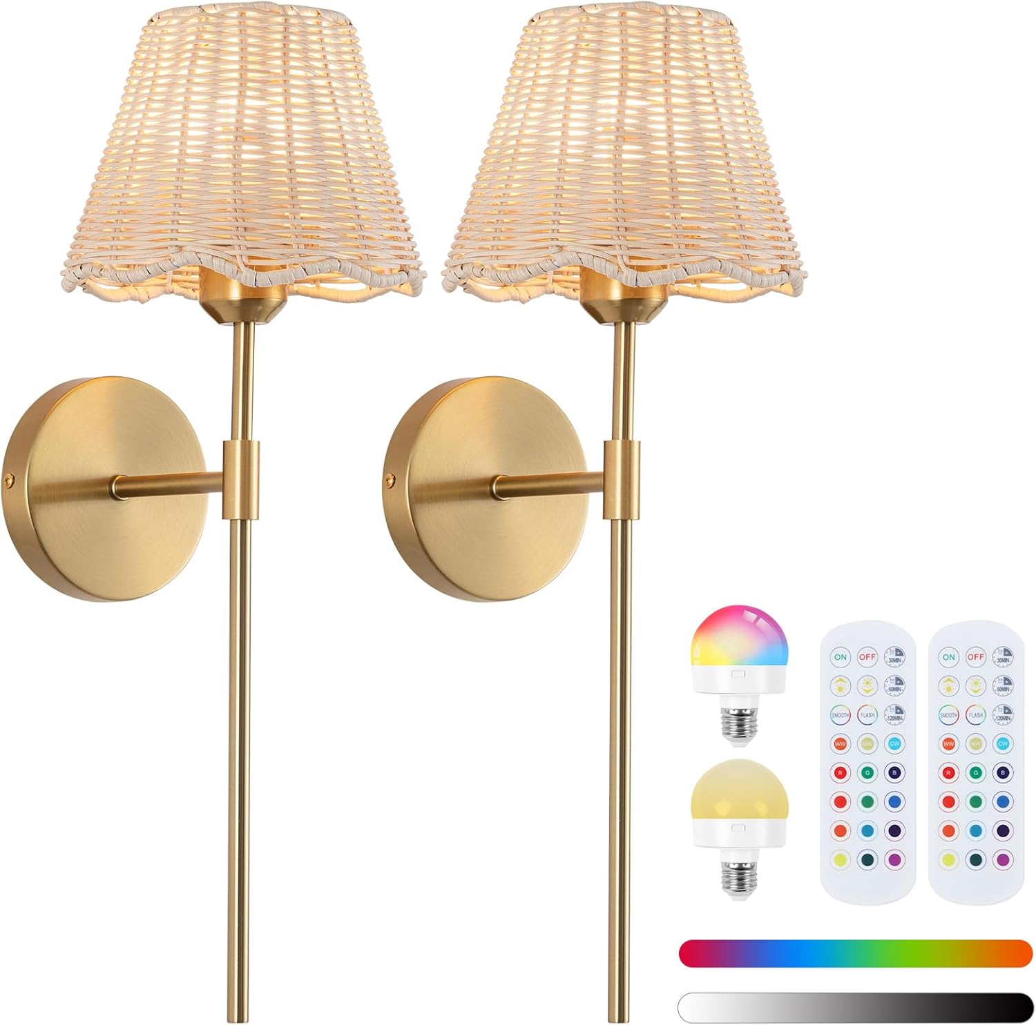 Battery Operated Wall Sconces Set of 2, Rattan Shade Wireless Wall Sconces, RGB Rechargeable Dimmable, Gold Boho Wall Sconce for Bedroom, Living Room, Hallway Bulbs Included