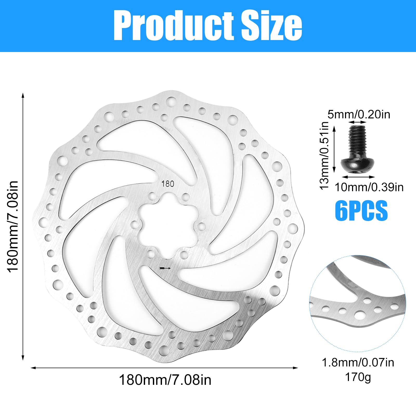 Inossidabile con 6 Bulloni Dischi Freno,180mm Rotore del Freno a Disco per bicicletta,Pacchi in Acciaio Inox Bici Freno a Disco Rotore con Spessore di 1.8mm,Adatto Per Bici Da Strada Mountain Bici BMX
