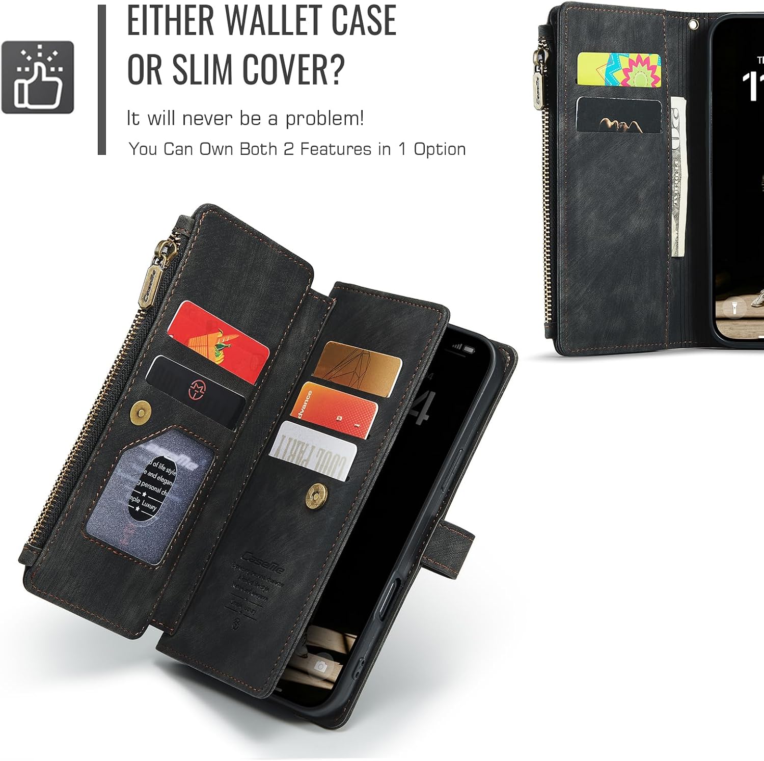 CaseMe Wallet Case for iPhone 16, Multifunction Handmade Premium PU Leather Zipper Flip Shockproof Case Built-in [Magnetic Closure] [Kickstand] [Card Slots] [Wrist Strap] for iPhone 16 (Black)