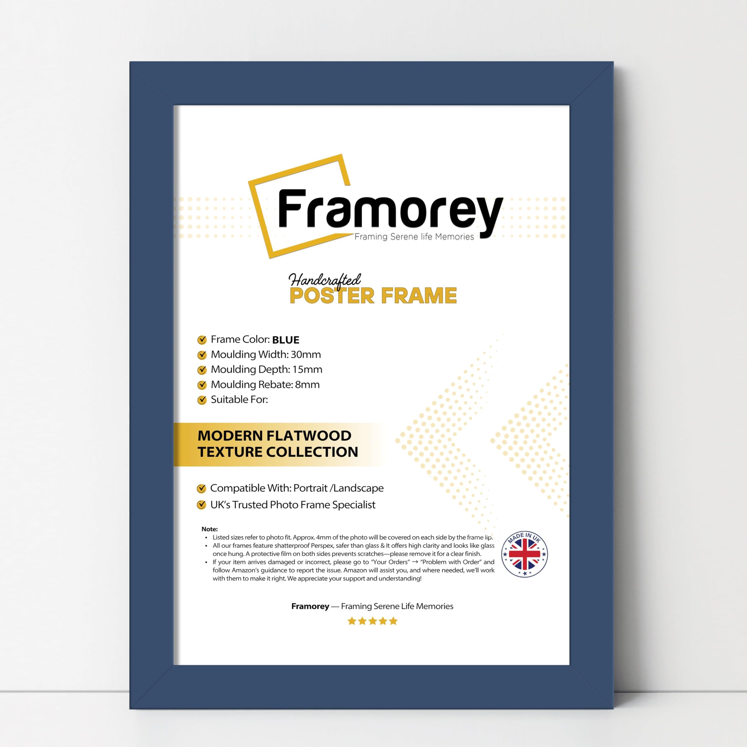 Framorey Modern Flat Picture Frames, Blue Photo Frames A5-210X148MM Size Picture Frame, Collage Photo Frames For Wall Décor, Landscape & Horizontal Poster Frames, Various Sizes