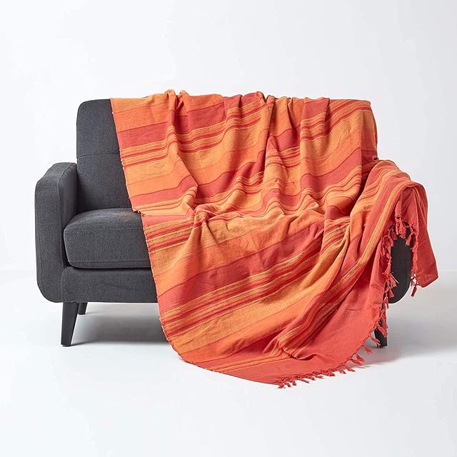 HOMESCAPES Terracotta Orange Throw Morocco Cotton Textured Stripe Throw 150 x 200 cm Bedspread Sofa Throw Handmade Suitable for Armchairs and 2 Seater Sofa or Single and Double Beds Machine Washable