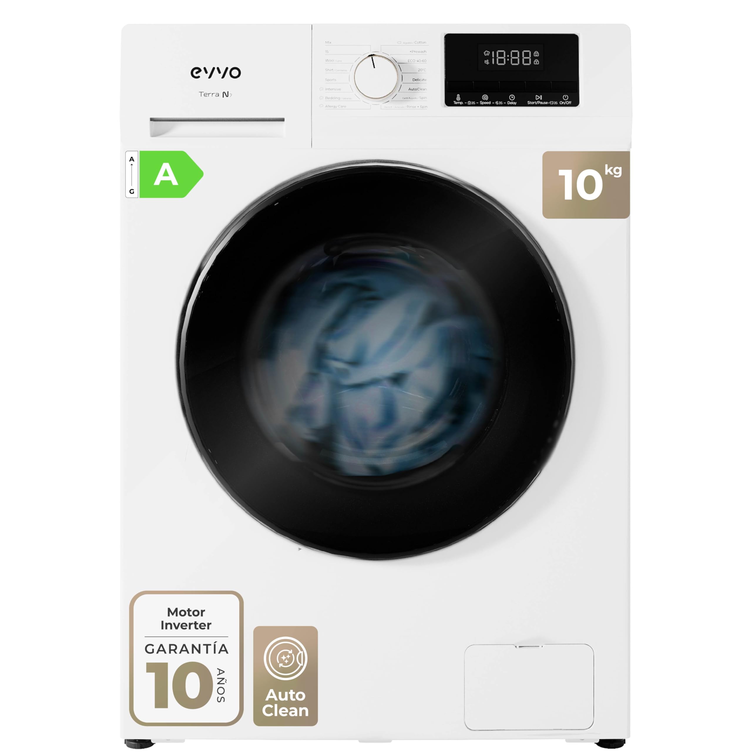 EVVO Lavadora Gran Capacidad TERRA N - Capacidad de 10 Kg, 1400 RPM, E. Energética A - Motor E-DRIVE Inverter, 16 Programas, Programa Rápido 15'