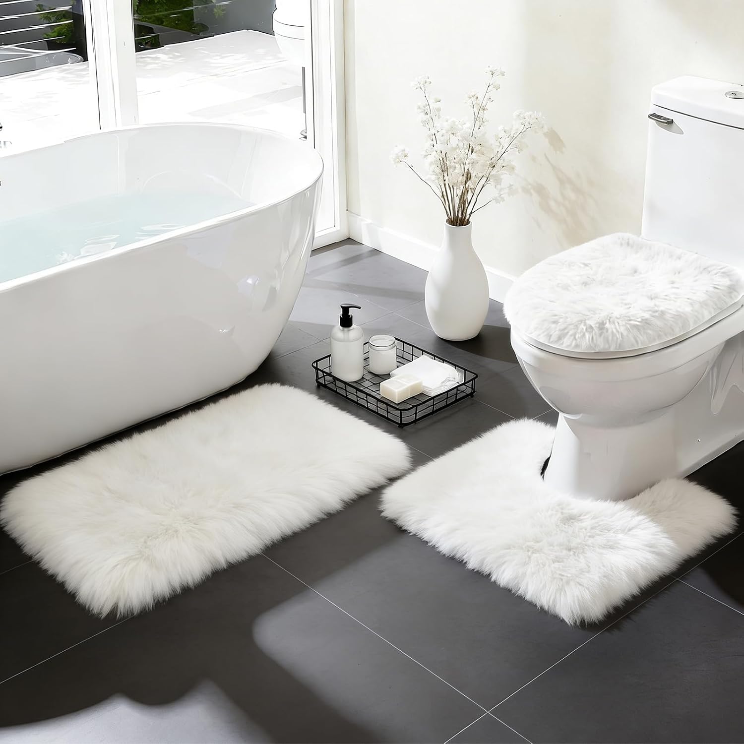 RUN HELIX Shaggy Bathroom Rugs Sets 3Piece Bath Mat for Bathrom Non-Slip Bathrom Mats Water Absorbent Bath Rug Floor Mats Soft Washable Shower Rug with U-Shaped Contour Rug Toilet Lid Cover White