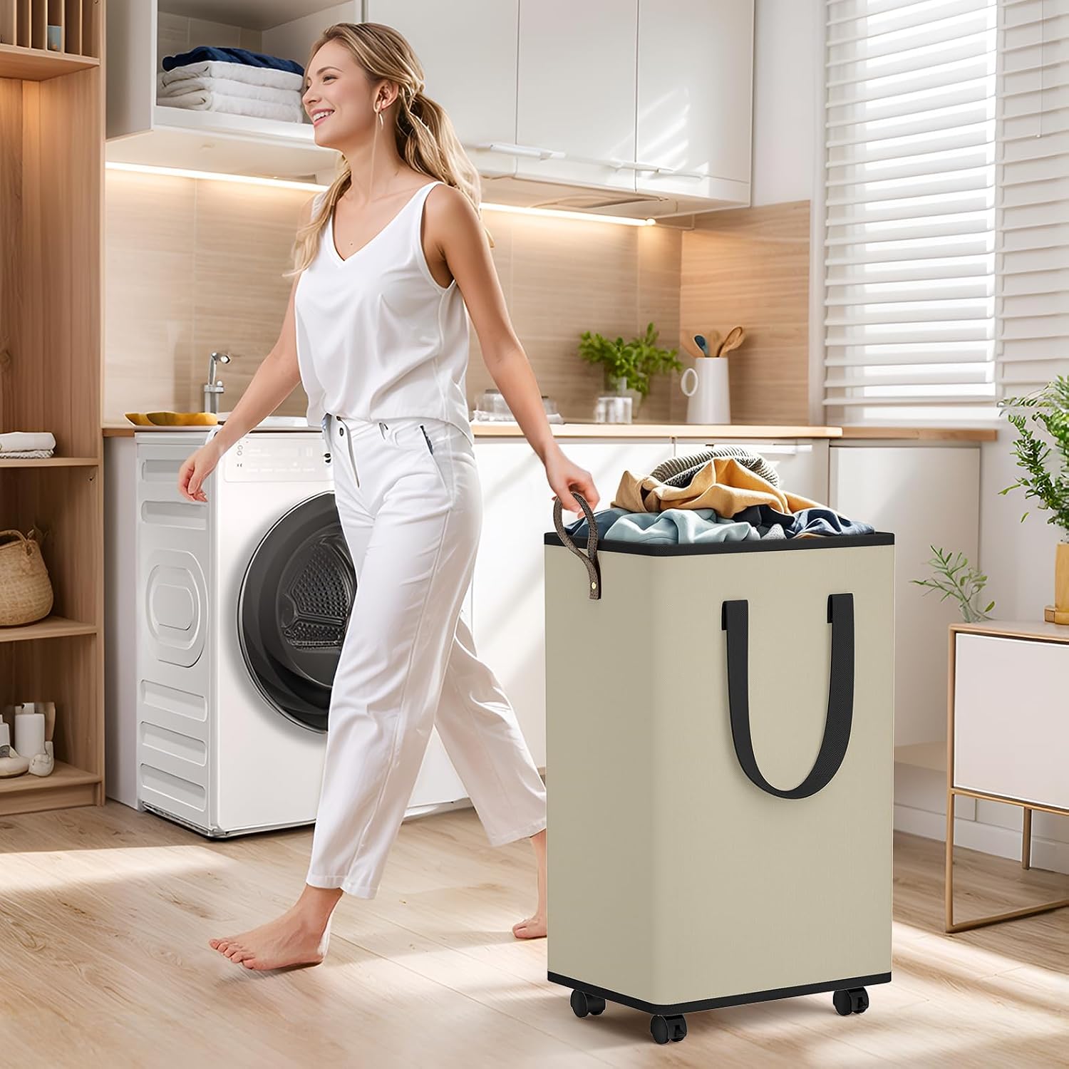 SpaceTrove Rolling Laundry Basket with Wheels, Laundry Hamper, 80L, Beige image 5
