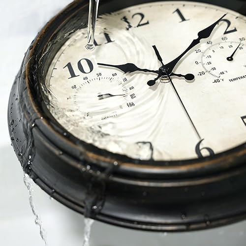 Miniatura 4 de JoFomp Relojes de exterior para patio, reloj de pared exterior grande de 12 pulgadas, impermeable, con termómetro e higrómetro, reloj de pared