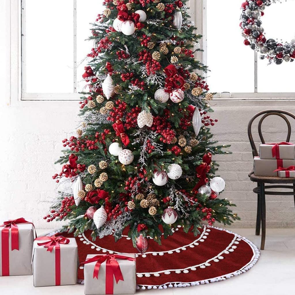 Weihnachtsbaum Rock Weihnachtsbaumrock 48 Zoll rote Leinen Weihnachtsbaum Röcke Baummatte mit Pom for Weihnachtsdekorationen Tannenbaum Decke Weihnachtsdeko