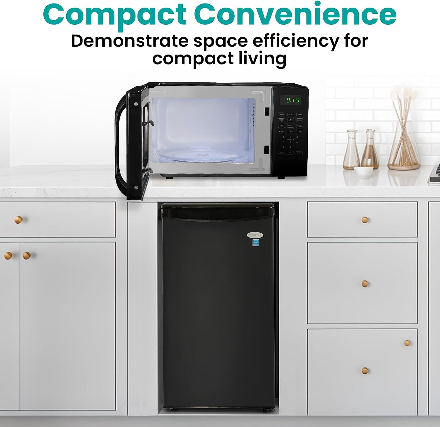 roomwell E-Star 3.3 Cu Ft Mini Fridge without Freezer and 0.7 Cu Ft Microwave Countertop Small with Digital Display Combo