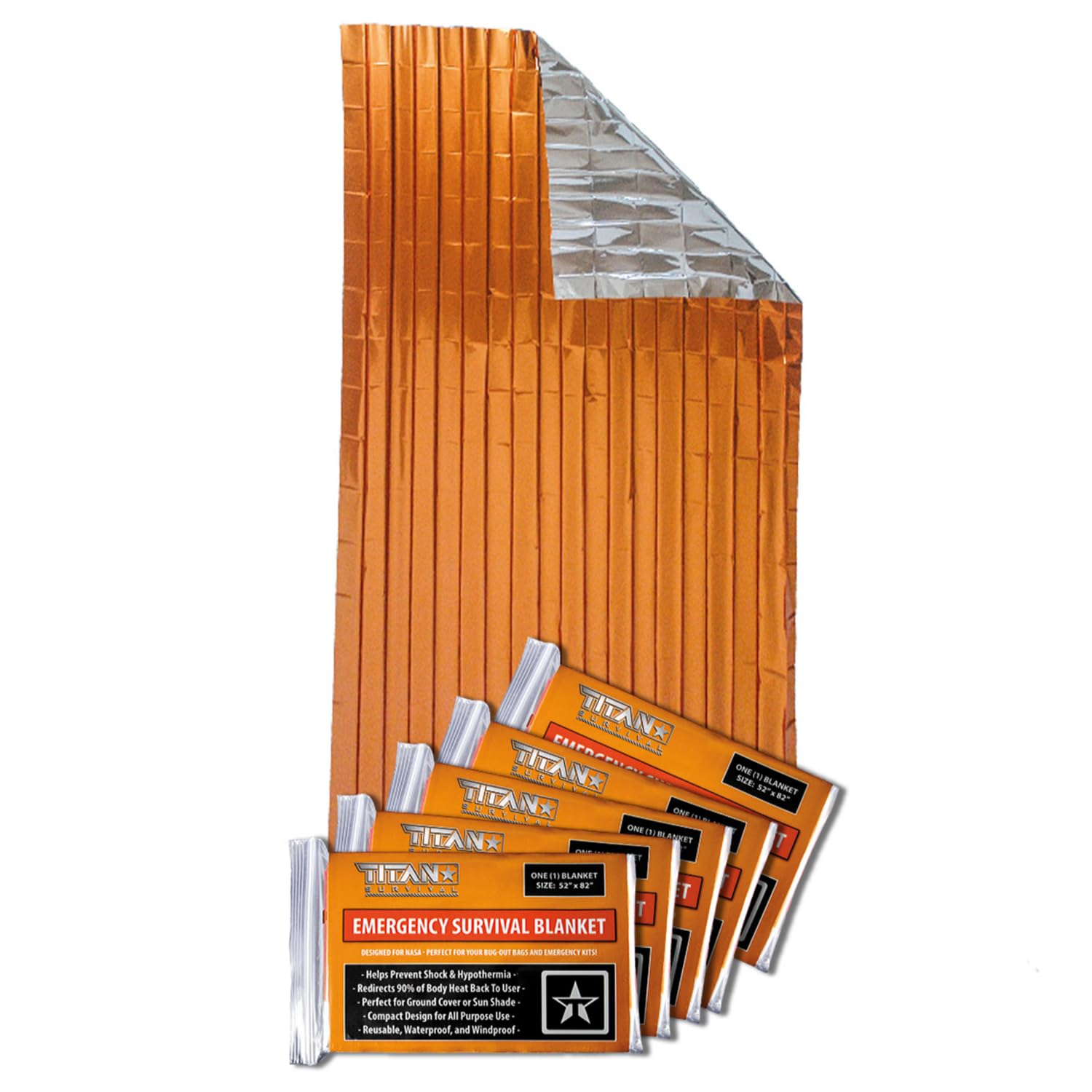 TITAN Survival - Mylar Survival Blankets 5 Pack - 90% Heat Retention & Waterproof Design - Emergency Blanket Cold Weather Protection & Survival Kits - Durable Space Blanket for Outdoor Use