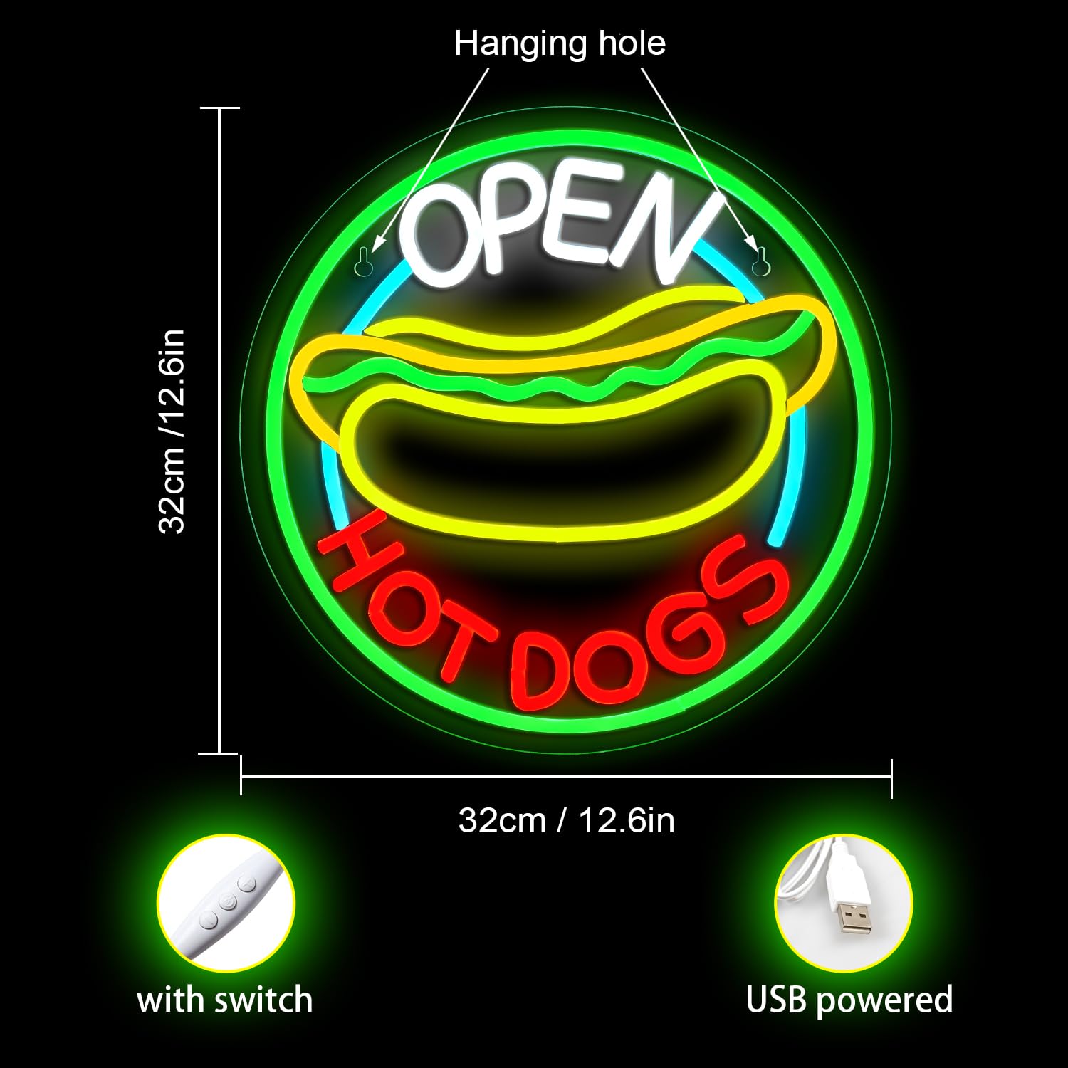 Ineonlife Open Hot Dogs Letreros de Neón para Decoración de Paredes Luces de Neón para Restaurante, Regulables Led de Negocios para Tiendas Rápidas Fiesta Regalo Luces Decorativas 5V/2A USB