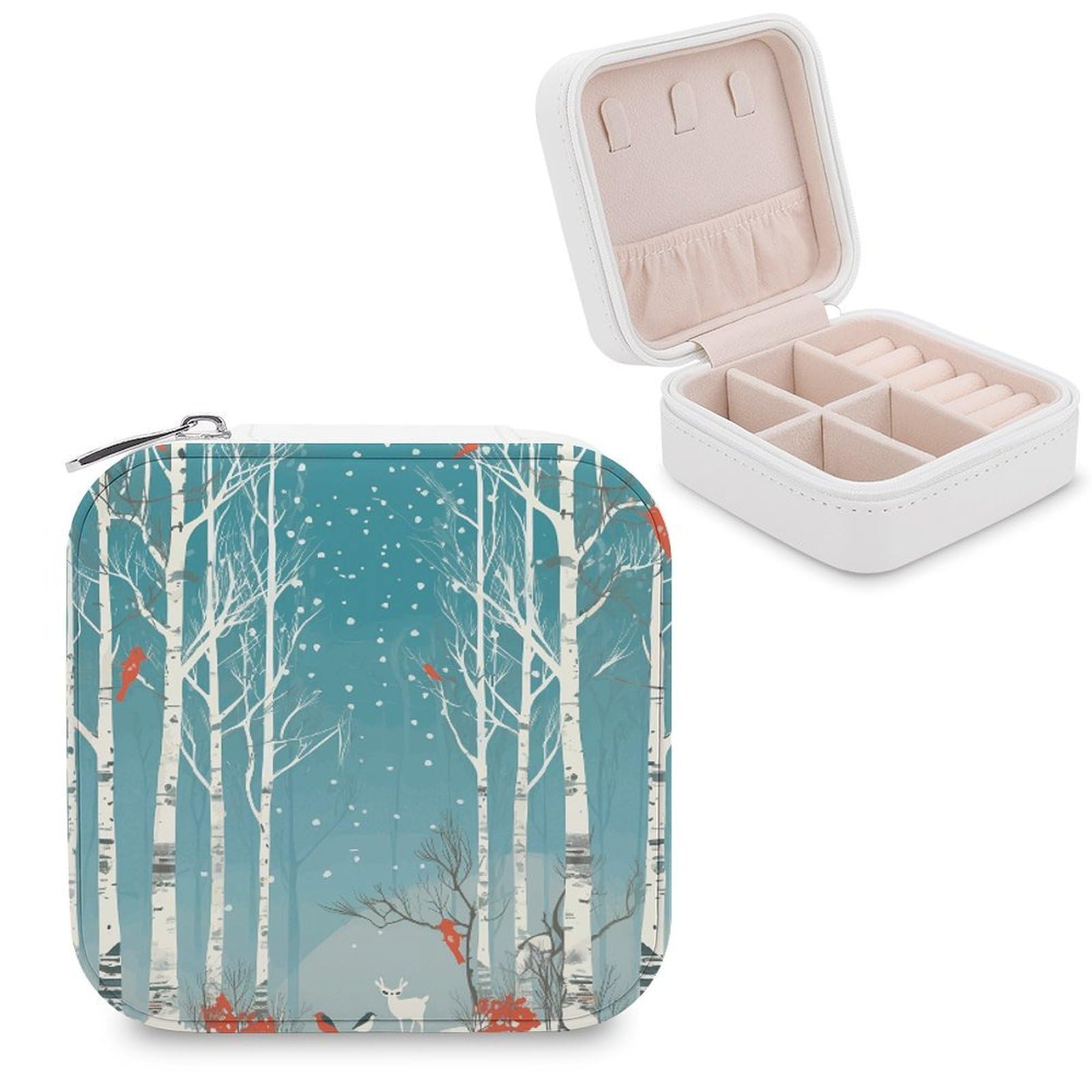 JTREHY Travel Merry Christmas Birch Tree Jewelry Case Portable Display Storage Box PU Leather Mini Jewelry Travel Case Personalized Travel Jewelry Organizer Small Jewelry Box for Women