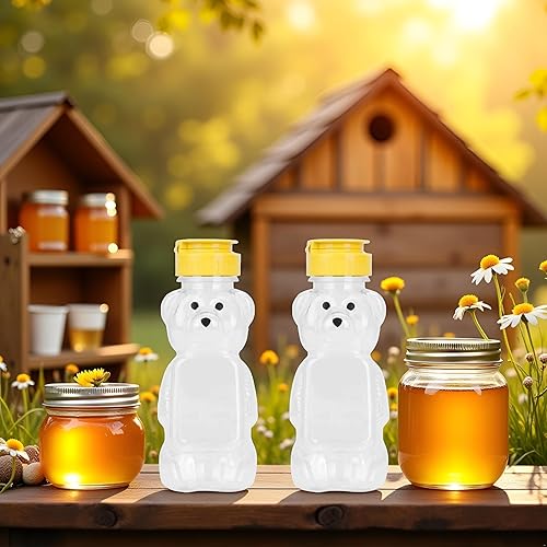 Miniatura 5 de 2 frascos de plástico amarillos de 8 onzas para botella de miel de oso, botella vacía de miel con tapa abatible para almacenar y dispensar, tapas de