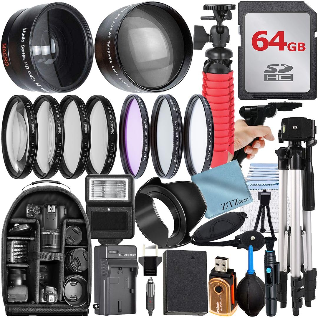49mm Accessory Bundle for Canon EOS: R50, R100, M5, M6 Mark II, M6, R10 + LP-E17 Battery + 64GB Memory Card + Battery Charger + Wide Angle Lens + Backpack + Tripod + Flash + More (28pc Bundle)