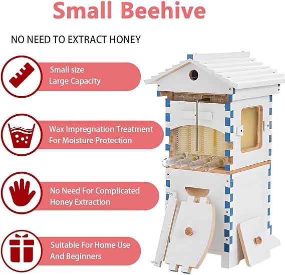 Beehive Starter Kit, Self-Flow Hive with Observation Window & Honey Spout, Complete Wooden Bee Box with 4 Frames & 6 Honeycomb Trays, for Garden Pollinators