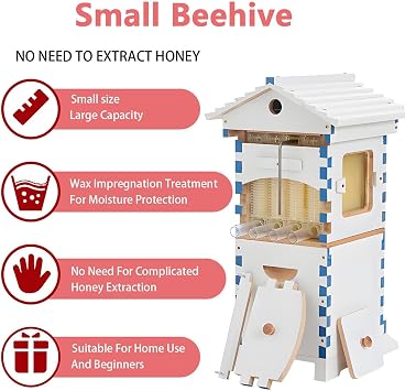 Beehive Starter Kit, Self-Flow Hive with Observation Window & Honey Spout, Complete Wooden Bee Box with 4 Frames & 6 Honeycomb Trays, for Garden Pollinators